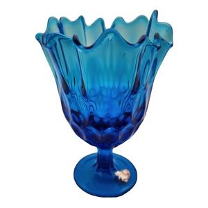 Vintage FENTON COLONIAL BLUE GLASS Thumbprint HANDKERCHIEF SWUNG VASE  7 1/2"‎